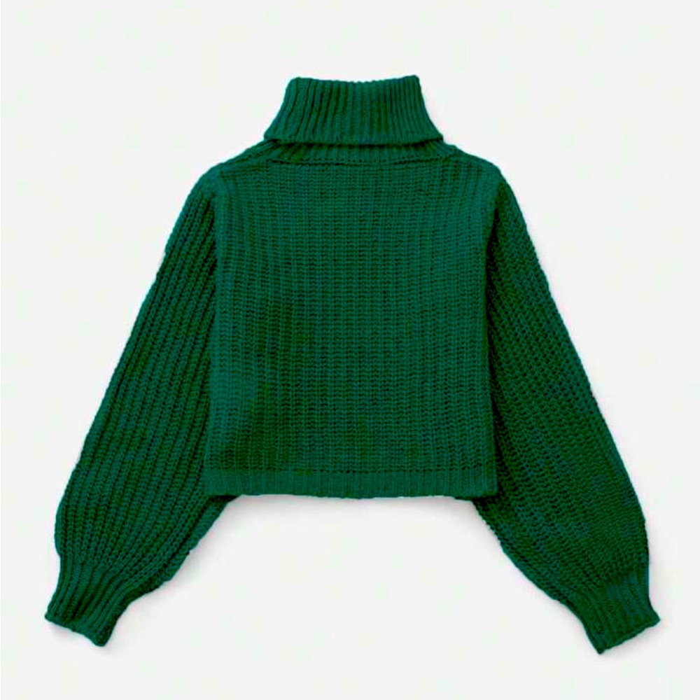 Girls Turtleneck Lantern Sleeve Ribbed Knit Sweater